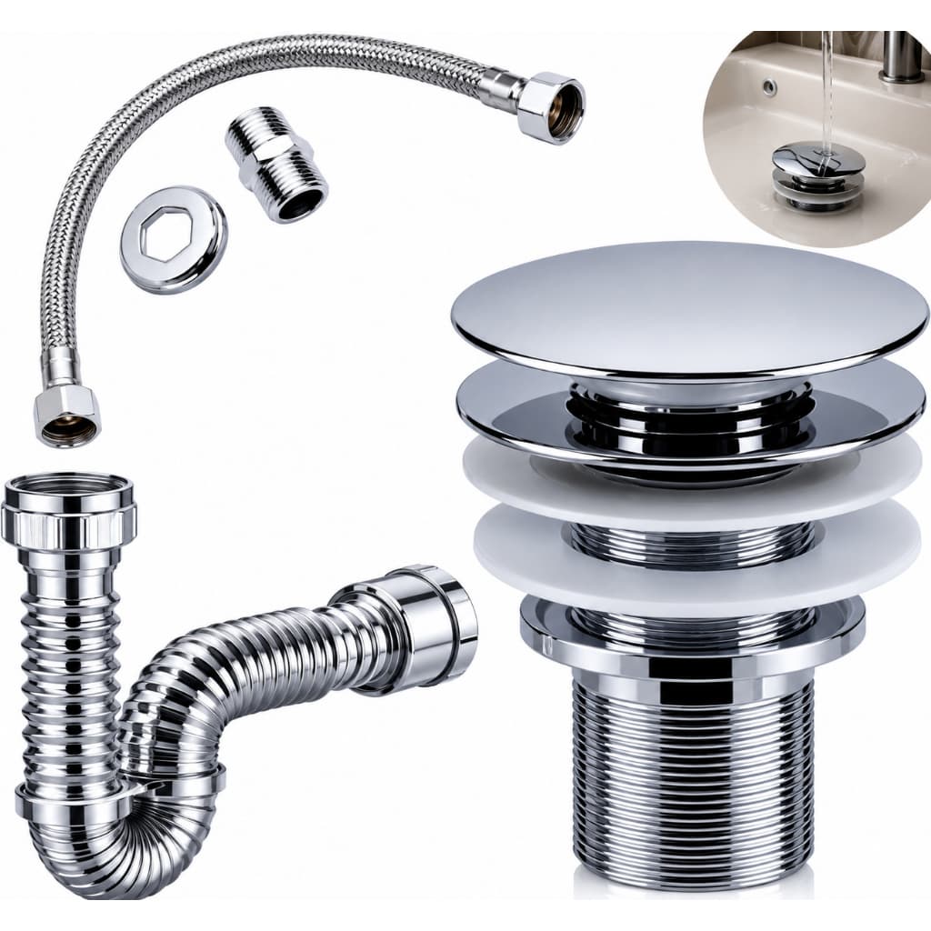Kit Banheiro Engate Rabicho Flexível 40cm+ Valvula Ralo Click 7/8+ Sifão 72cm cromado