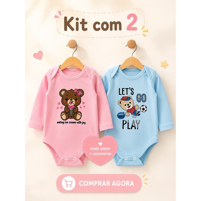 Kit 2 Bodies Bebê Manga Longa Suedine 100% Conforto | Tamanhos P ao G