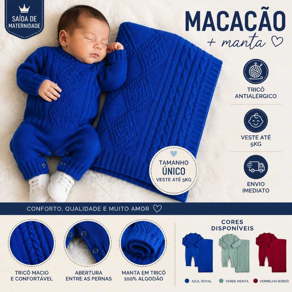 Macacão Bebê Menino Tricô com Manta Saída Maternidade Antialérgico Tamanho Unico Veste Ate 5 Kilos