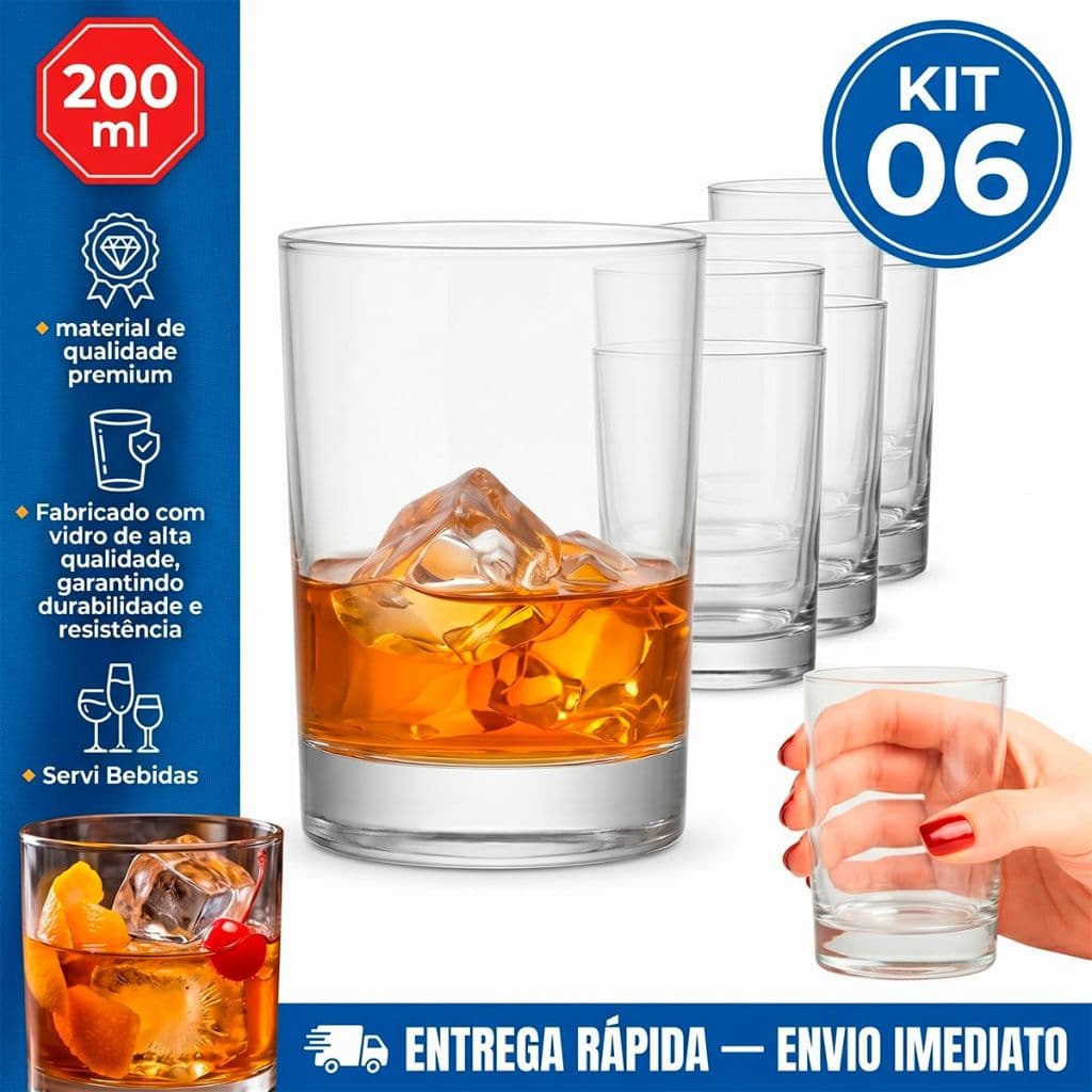 Kit Jogo de Copos Brooklyn de Vidro 6 unidades 200ML Whisky Bebidas Suco Nadir Design moderno