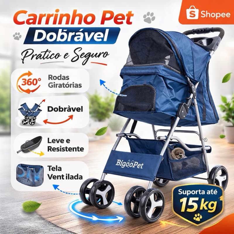 CARRINHO DE PASSEIO PARA PET (GATOS E CACHORROS) ATÉ 15KG COR: AZUL- BIGOOPET- PREMIUM