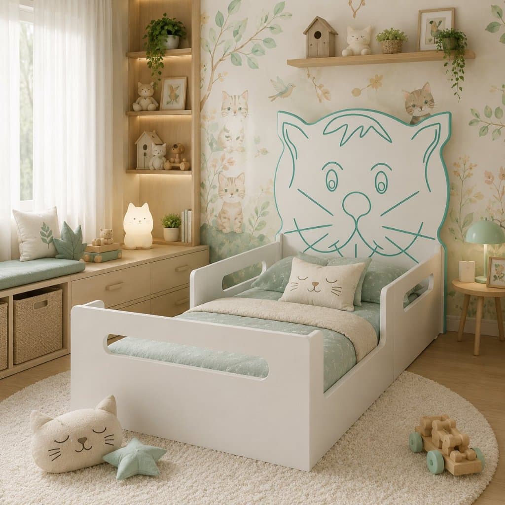 Cama Infantil Baixa Montessoriana Com Proteção Lateral Cabeceira Gatinho Para Quarto de Criança