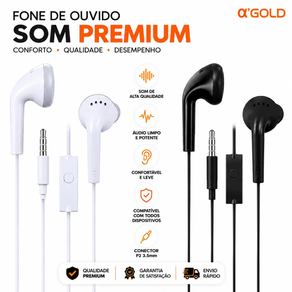 FONE DE OUVIDO A'GOLD ORIGINAL COM FIO SOM PREMIUM CONECTOR P2 ENVIO IMEDIATO