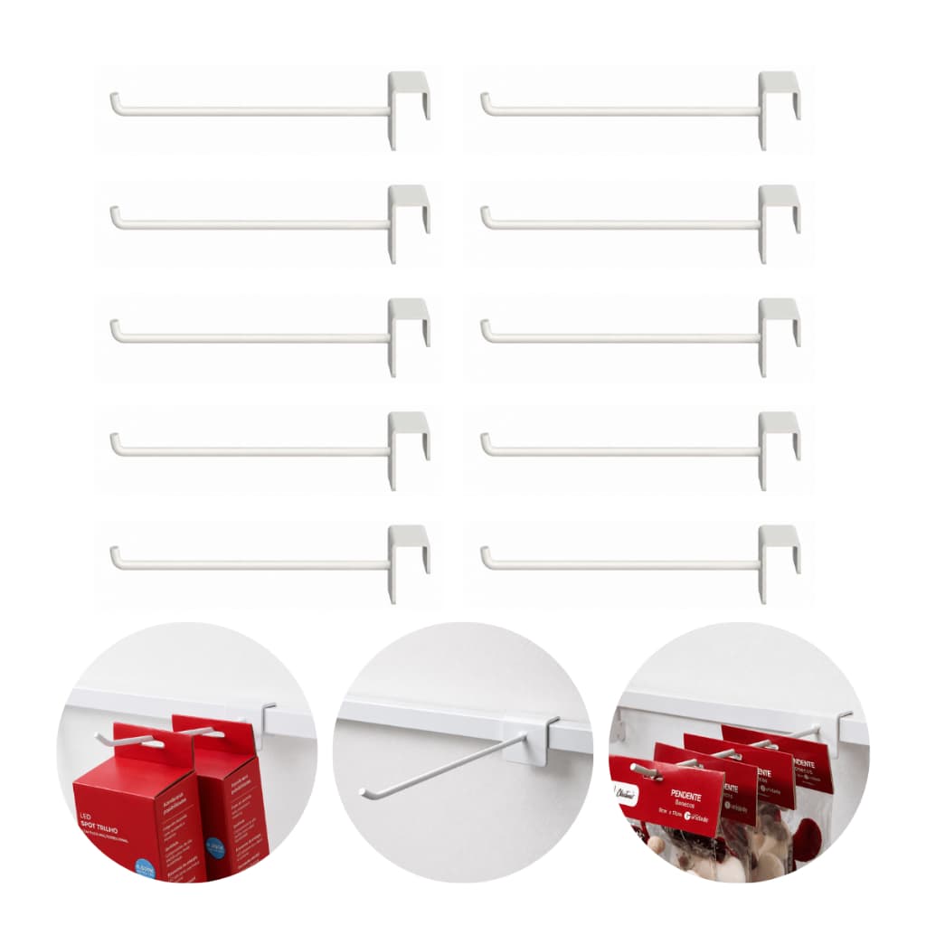 Kit 10 Gancho Expositor para Régua Gôndola Barra Reta Tubo 20x30 5mm Trilho Aço Resistente Branco