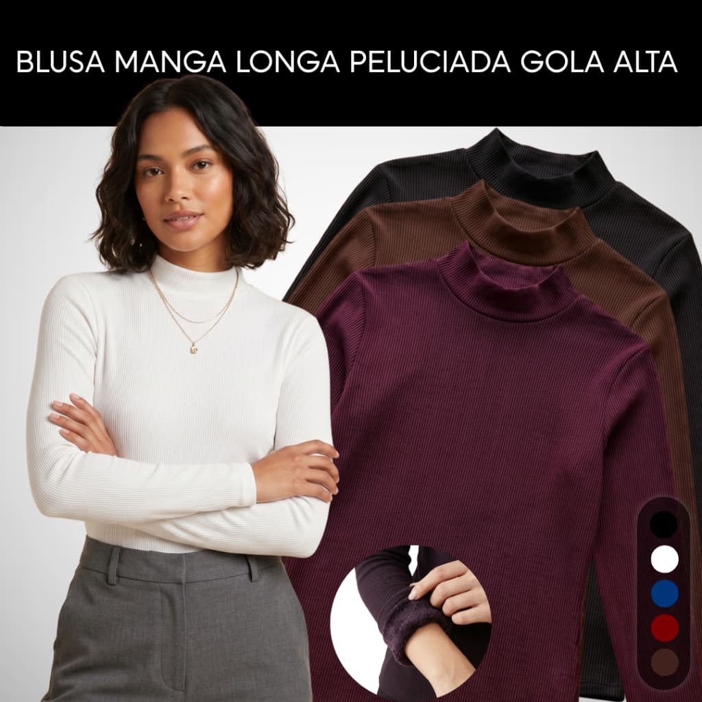 Blusa Gola Alta Manga Longa Peluciada Feminina Frio Canelada Elegante