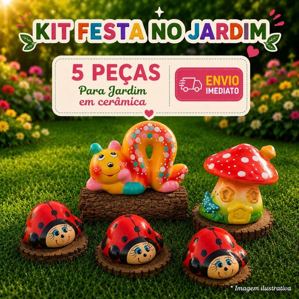 Kit Enfeite Decoração Jardim Cerâmica 5 Peças Joaninhas Minhoca Cogumelo Resistente Água Sol Varanda