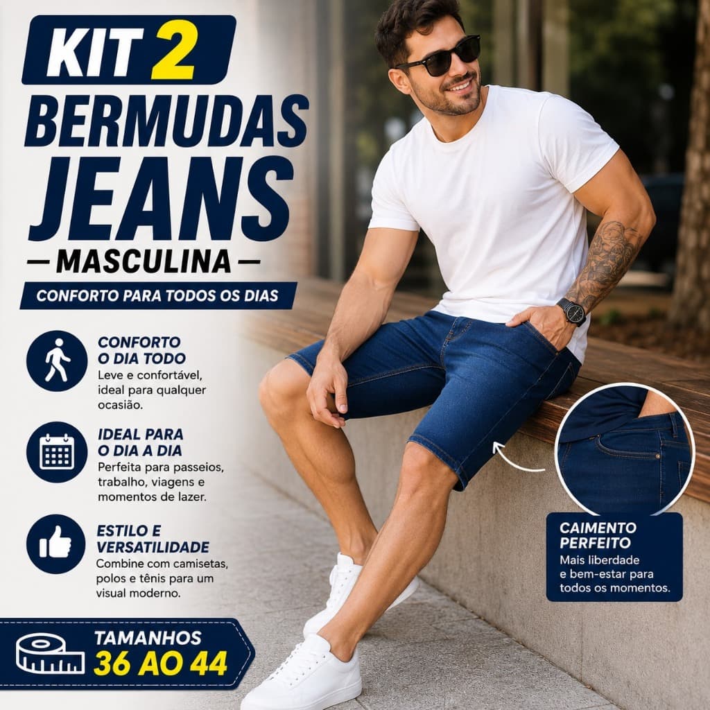 Kit 2 Bermudas Jeans Masculina Confortável Premium Do 38 ao 48