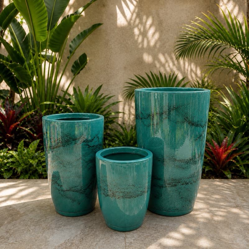 Kit 3 Vasos Cone Bojo Marmorizados em Polietileno para Plantas com Prato