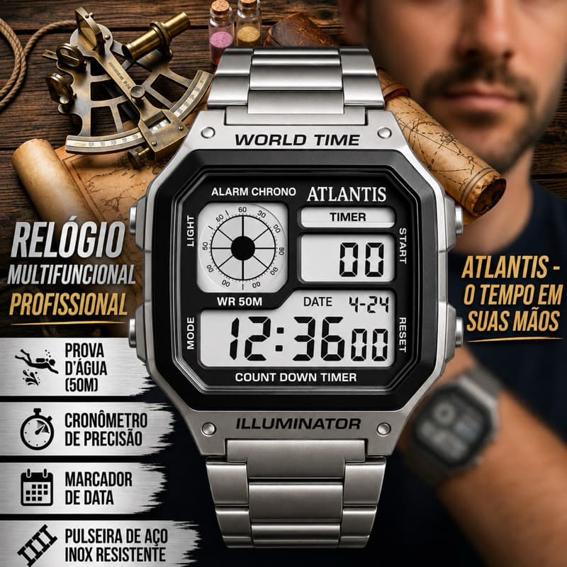 Relógio Atlantis G8088 Prova D’água Prata Quadrado