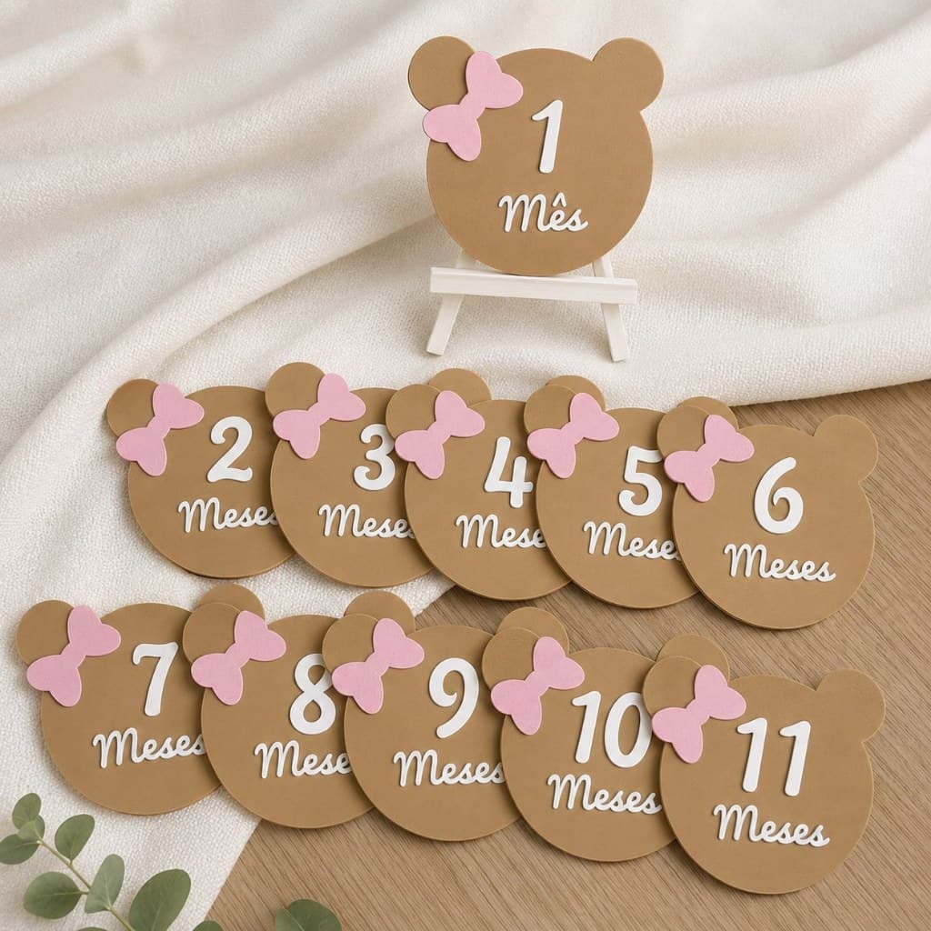 Kit Mesversário Minnie Personalizado 1 ao 11 Meses | Placas para Fotos de Bebê Menina | Decoração Infantil Rosa