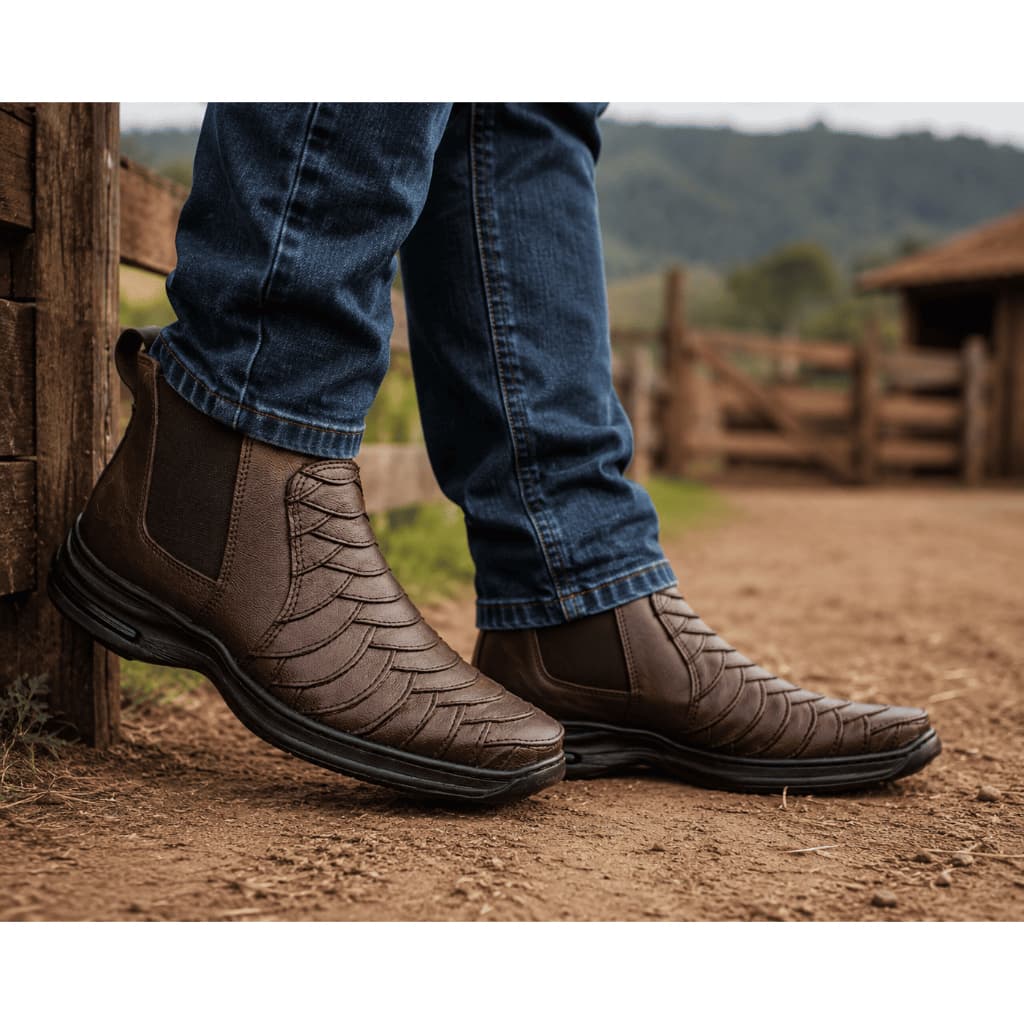 Bota Botina Couro Legitimo Escamado Country Robusta Ortopédica Confortável Bovino Moderna