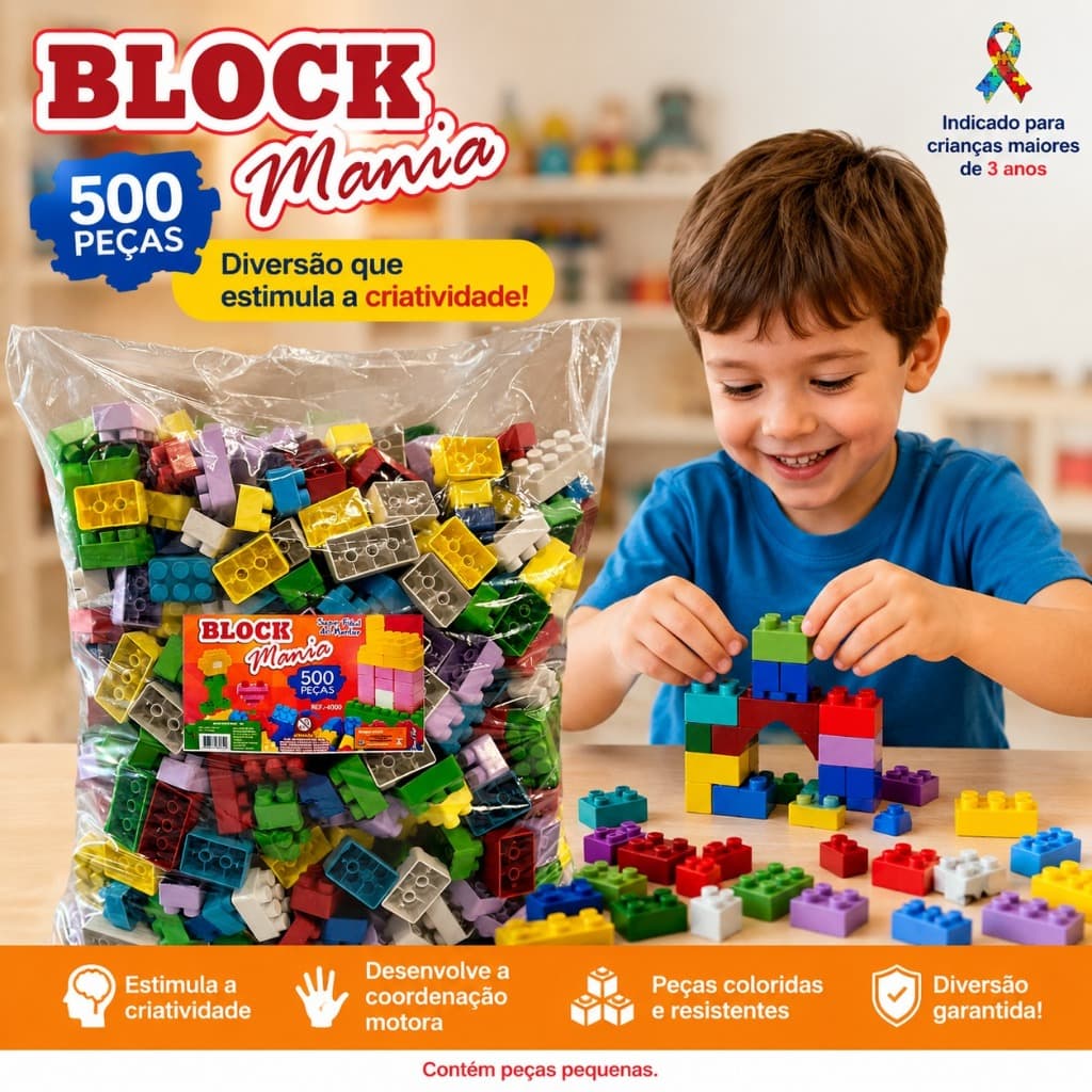 Blocos De Montar 500 Peças Bem Coloridas Block Mania Indicado Para Crianças Acima De 3 Anos Brinquedo Presente Infantil
