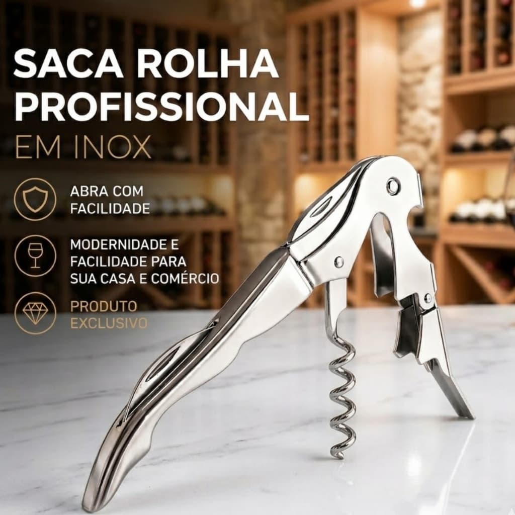 Abridor De Vinho Inox Profissional Saca Rolha Moderno Compacto Premium com Cortador de Cápsulas
