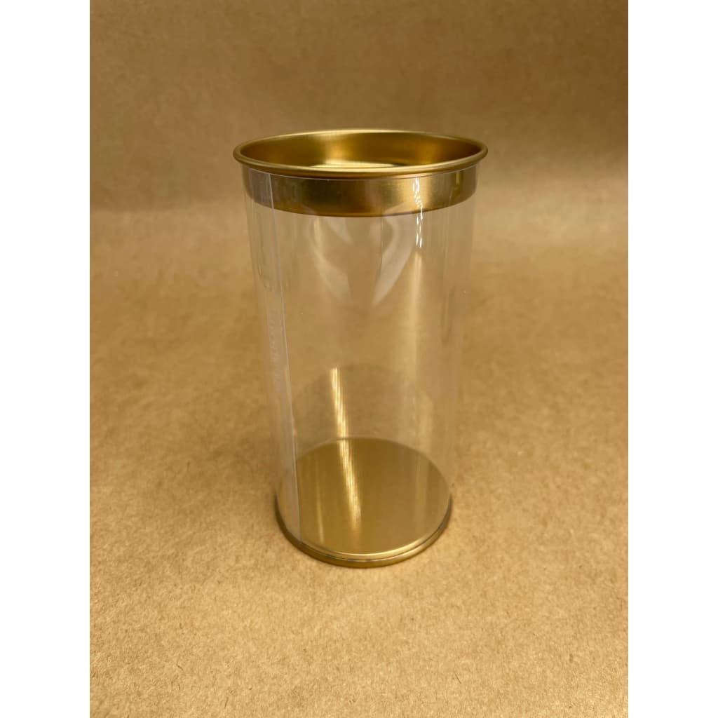 CAIXA TUBO LATA TRANSPARENTE COM TAMPA DOURADA PCT COM 12 UNIDS 11CM X 6CM