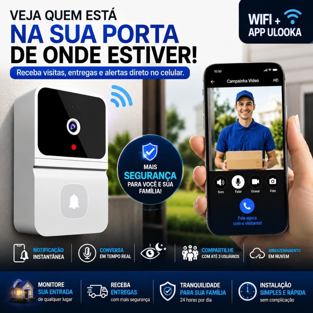Campainha Inteligente WiFi com Câmera Visão Noturna Áudio Bidirecional App ULooka Sem Fio Bivolt