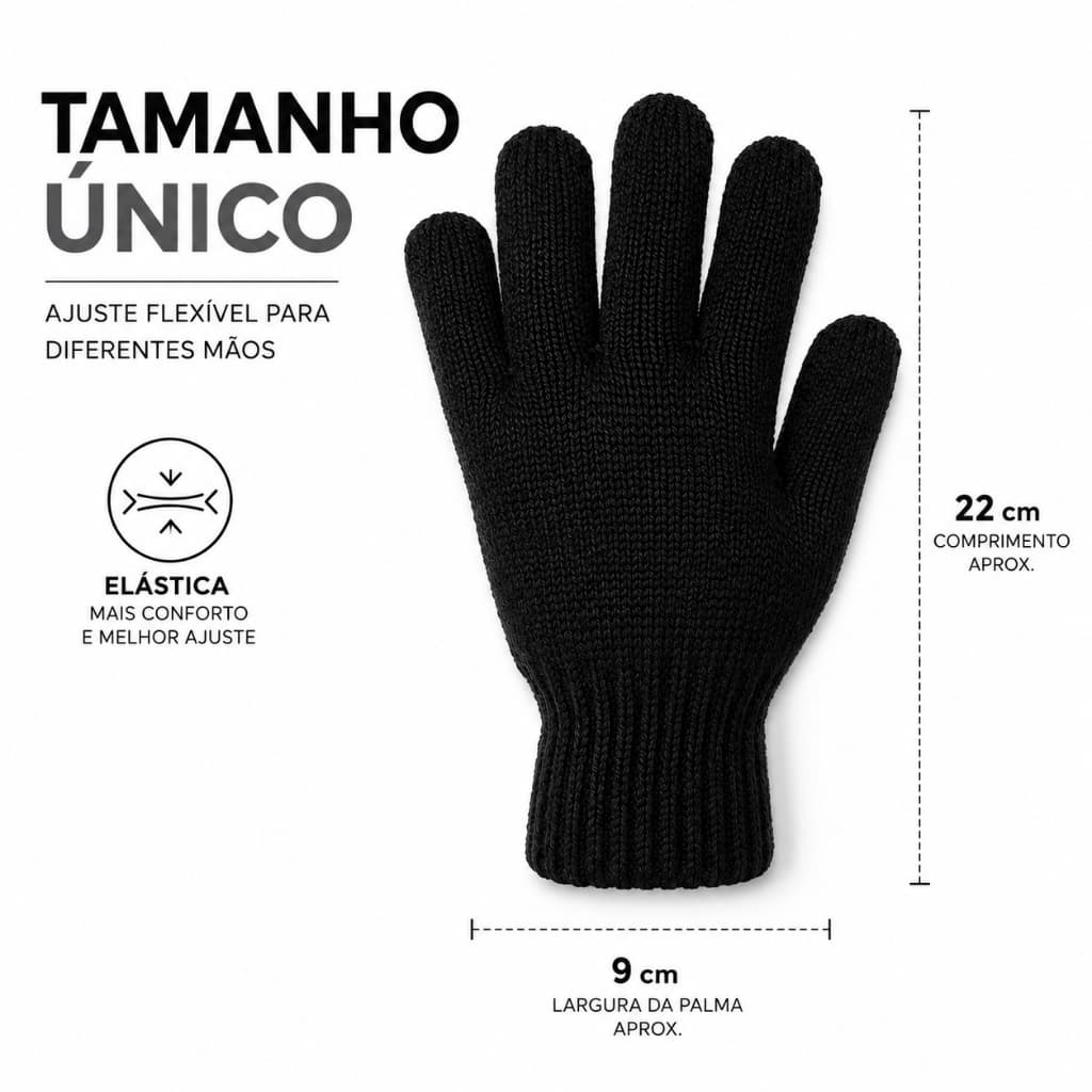 Luva Lã Preta Unissex Inverno Tamanho Unico Tricot Inverno Frio Confortavel