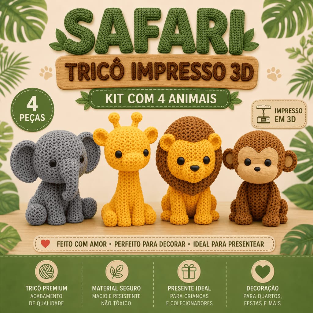KIT SAFARI 3D COM 4 ANIMAIS – DECORAÇÃO INFANTIL MODERNA E ENCANTADORA