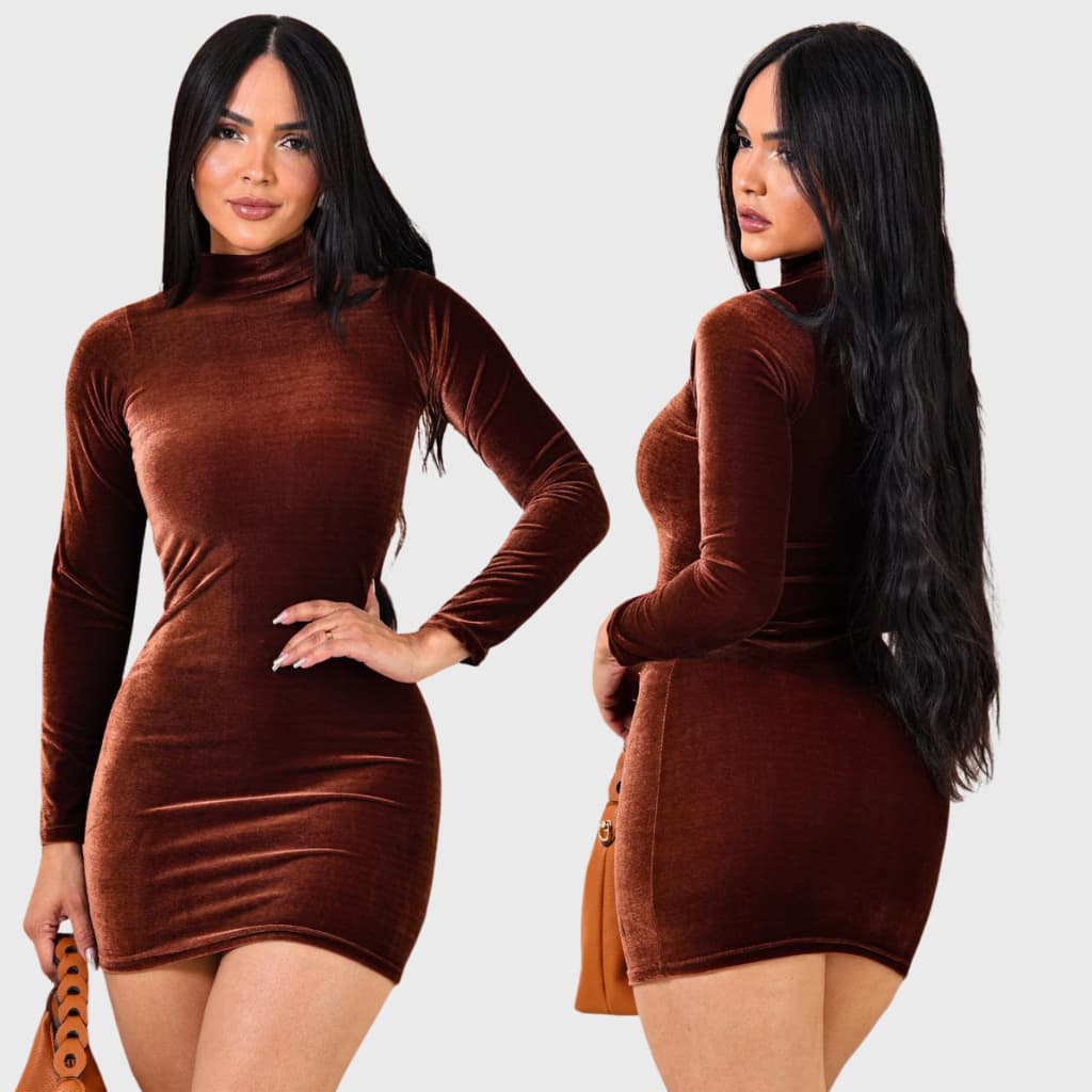 Vestido Feminino De Veludo Gola Alta Manga Longa Moda Gringa Tendência Outono Inverno Luxo