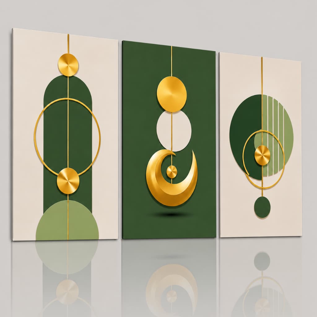 Kit 3 Quadros Decorativos  modernos Geométrico Verde e Dourado Abstrato Moderno Sala Quarto Luxo
