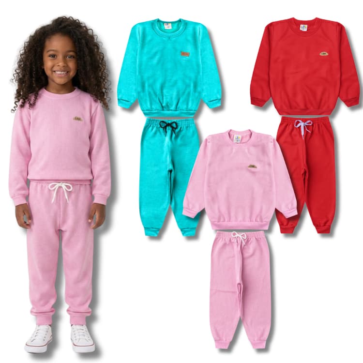 Kit 3 Conjuntos Moletom Liso Monocromático Menina/Feminino Infantil - Inverno Escolar Casaco e Calça