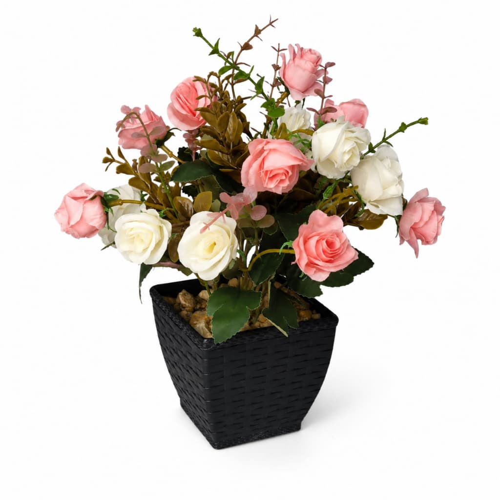 Arranjo Mini Rosas Artificiais Rosa E Branco 30cm Vaso Preto Para Sala Quarto Escritório Casa E Lar
