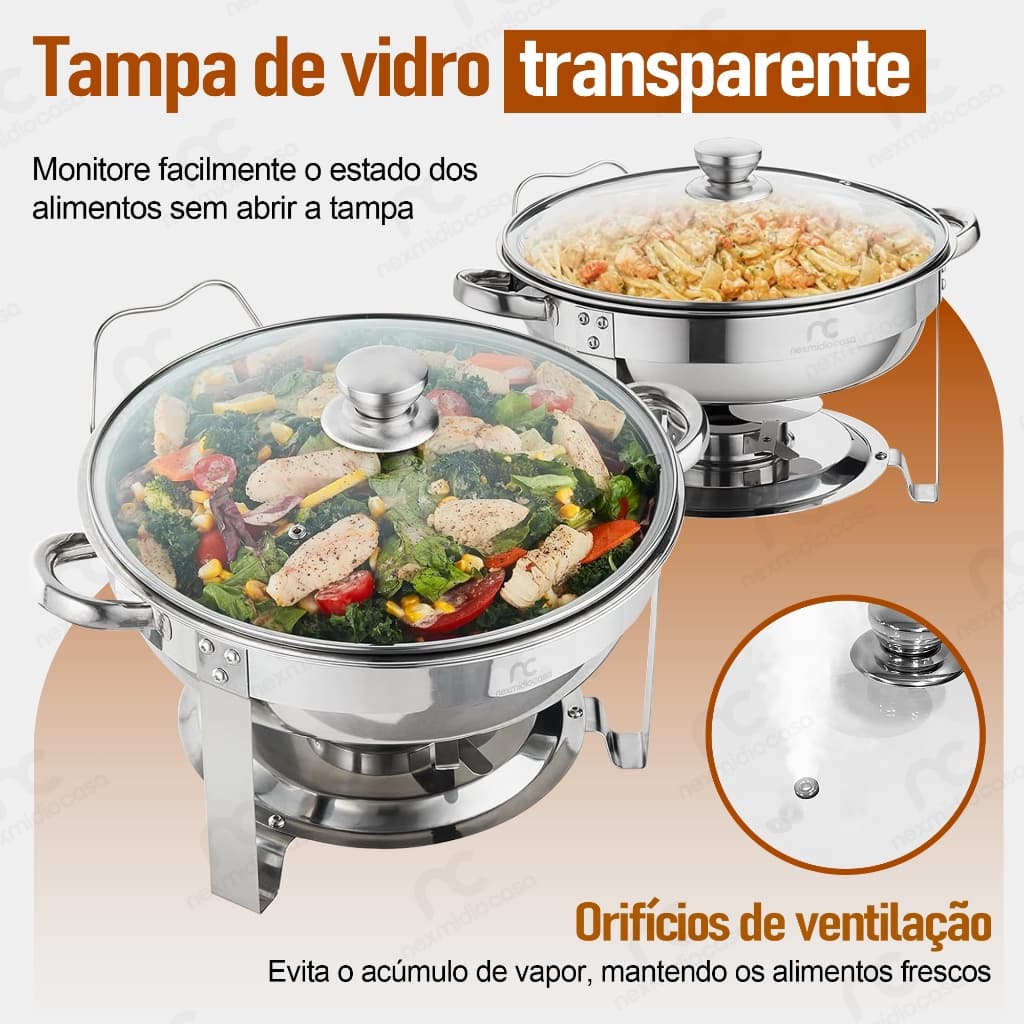 Rechaud Redondo Em Aço Inox 6L Banho Maria Aquecedor De Alimentos Tampa em vidro temperado