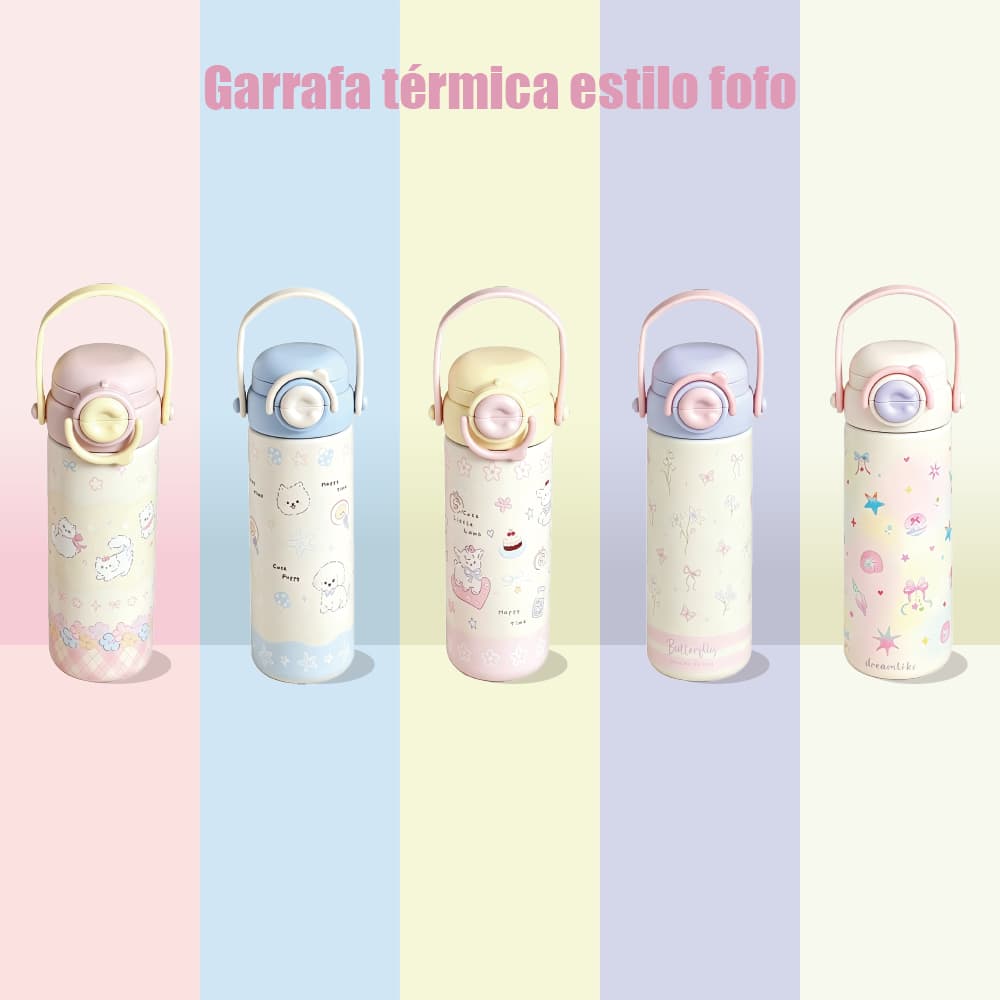Garrafa térmica portátil de desenho animado fofa para meninas estudantes, com tampa retrátil, de aço inoxidável
