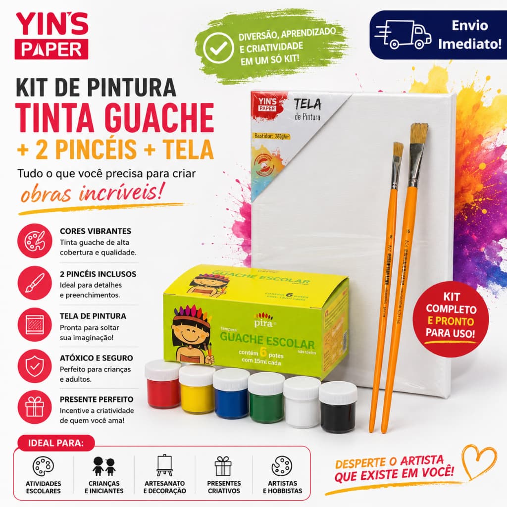 Kit Pintura Infantil Tela Para Pintura + Tinta Guache + 2 Pincéis Escolar