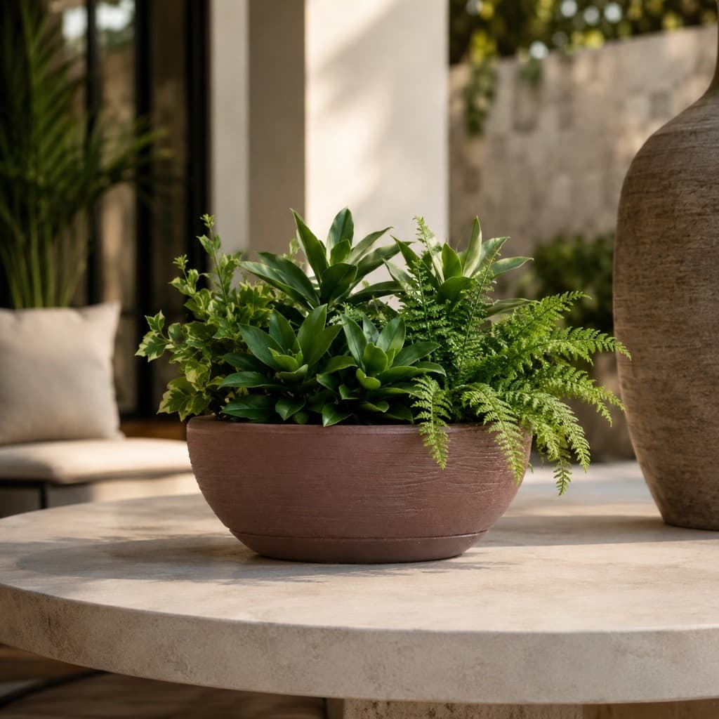 Vaso de Planta Decorativo Cuia Bacia Redonda 14x34 PP Textura Escovado com Prato em Polietileno