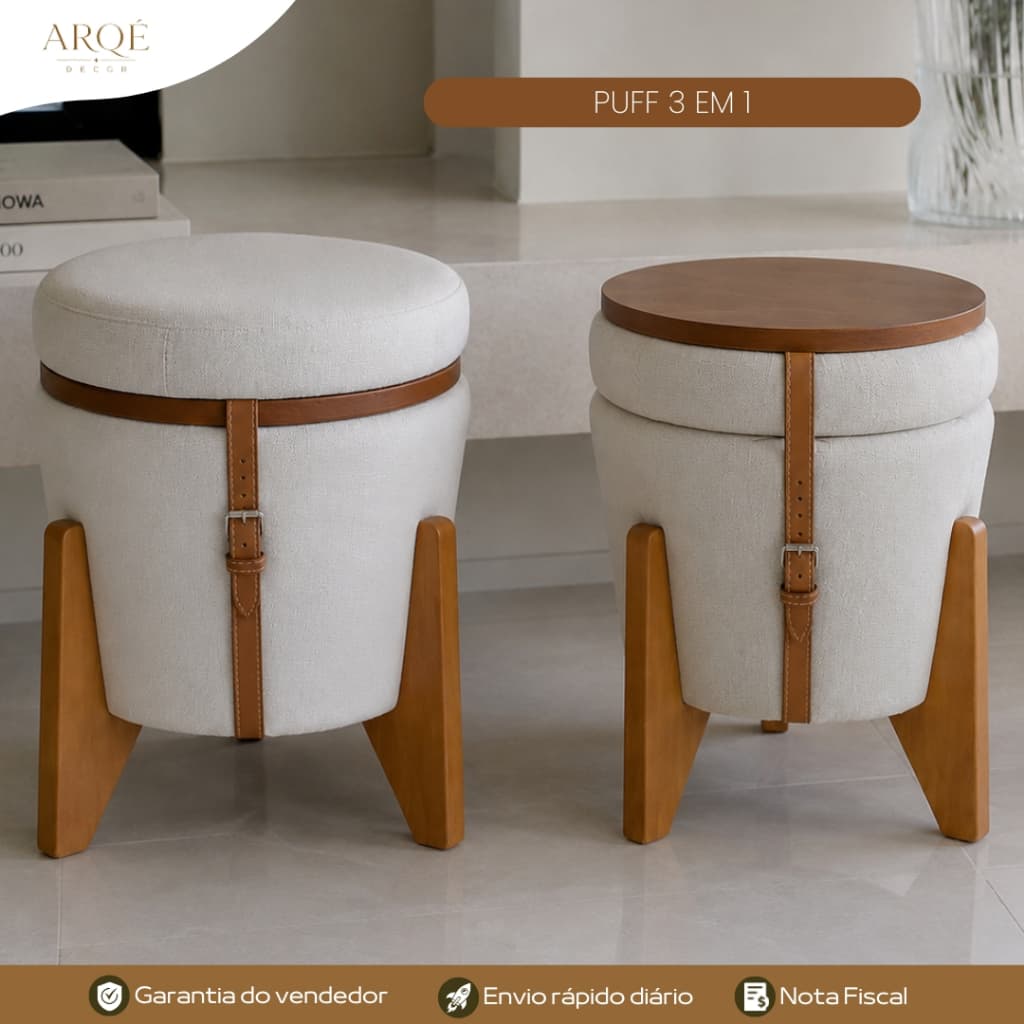Puff 3x1 Premium Alto Padrão Decorativo Baú Organizador Banco Mesa de Centro para Sala Quarto Escritório
