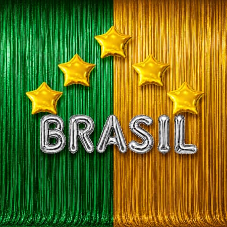 Kit Decoração Festa Brasil Completa 2 Cortina Metalizada Verde + Letras BRASIL