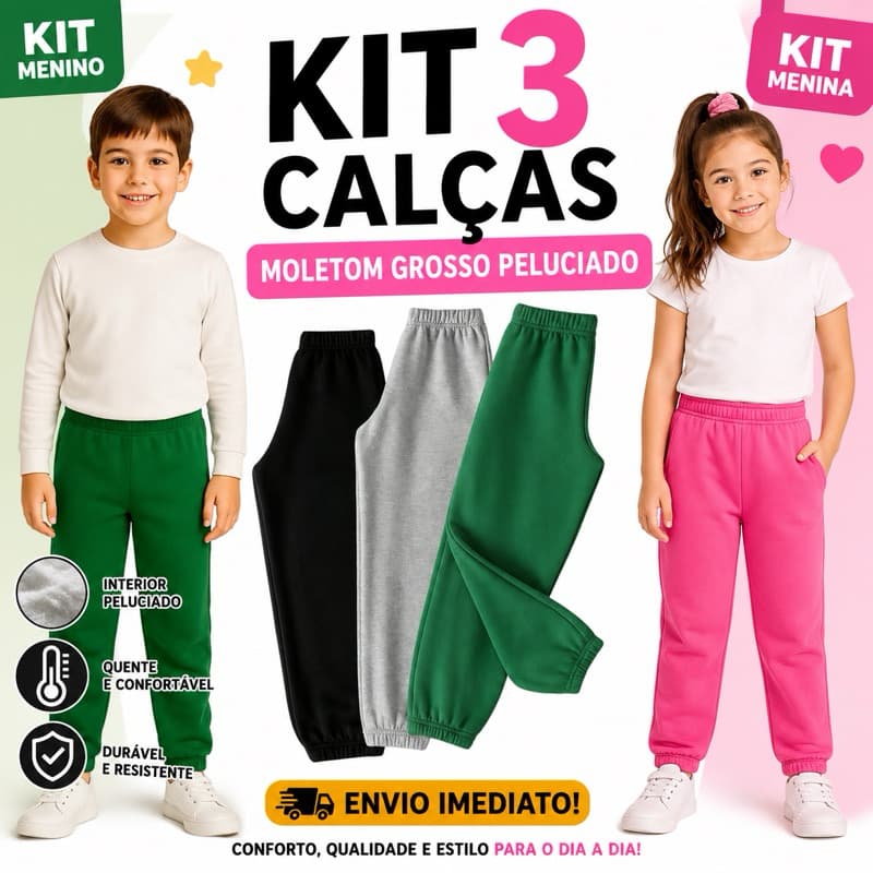 Kit 3 Calças Moletom Escolar Infantil 100 Algodão Grosso Unissex Menino Menina Tam 2 a 12 Anos