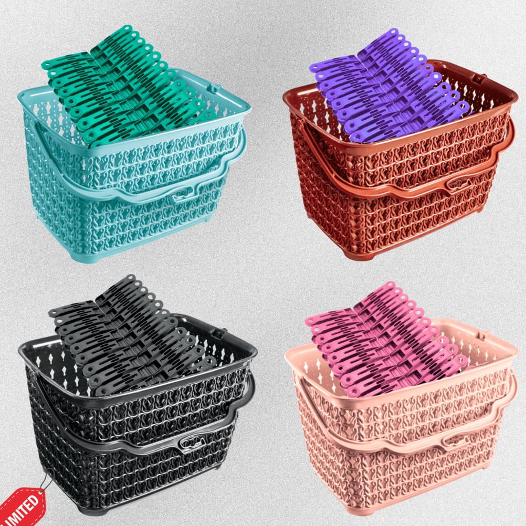 Kit Cesto + 60 Prendedores Roupas Plástico Reforçado Cesto Multiuso com Alça