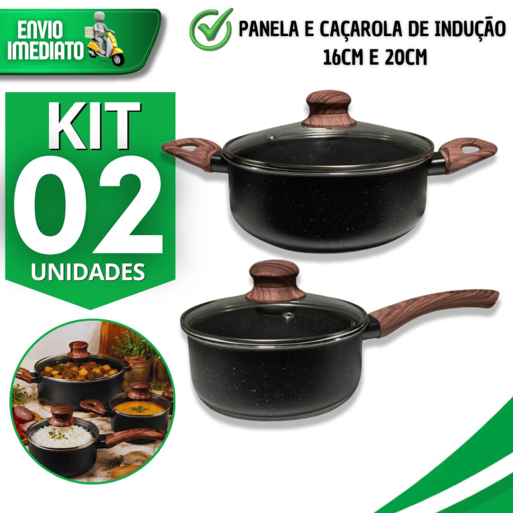 Conjunto Panela 16cm e Caçarola 20cm Indução Antiaderente Cerâmica Cor preta Não Gruda Tampa Vidro Panelas Multiuso