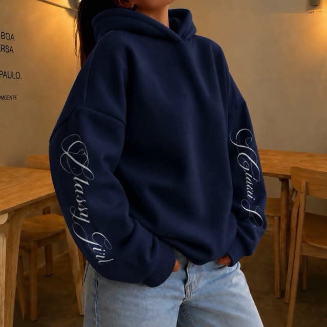 Moletom Feminino com Capuz em Tecido de Malha Azul Marinho, Estampa Gr谩fica, Moletom Casual Longo Feminino Y2k