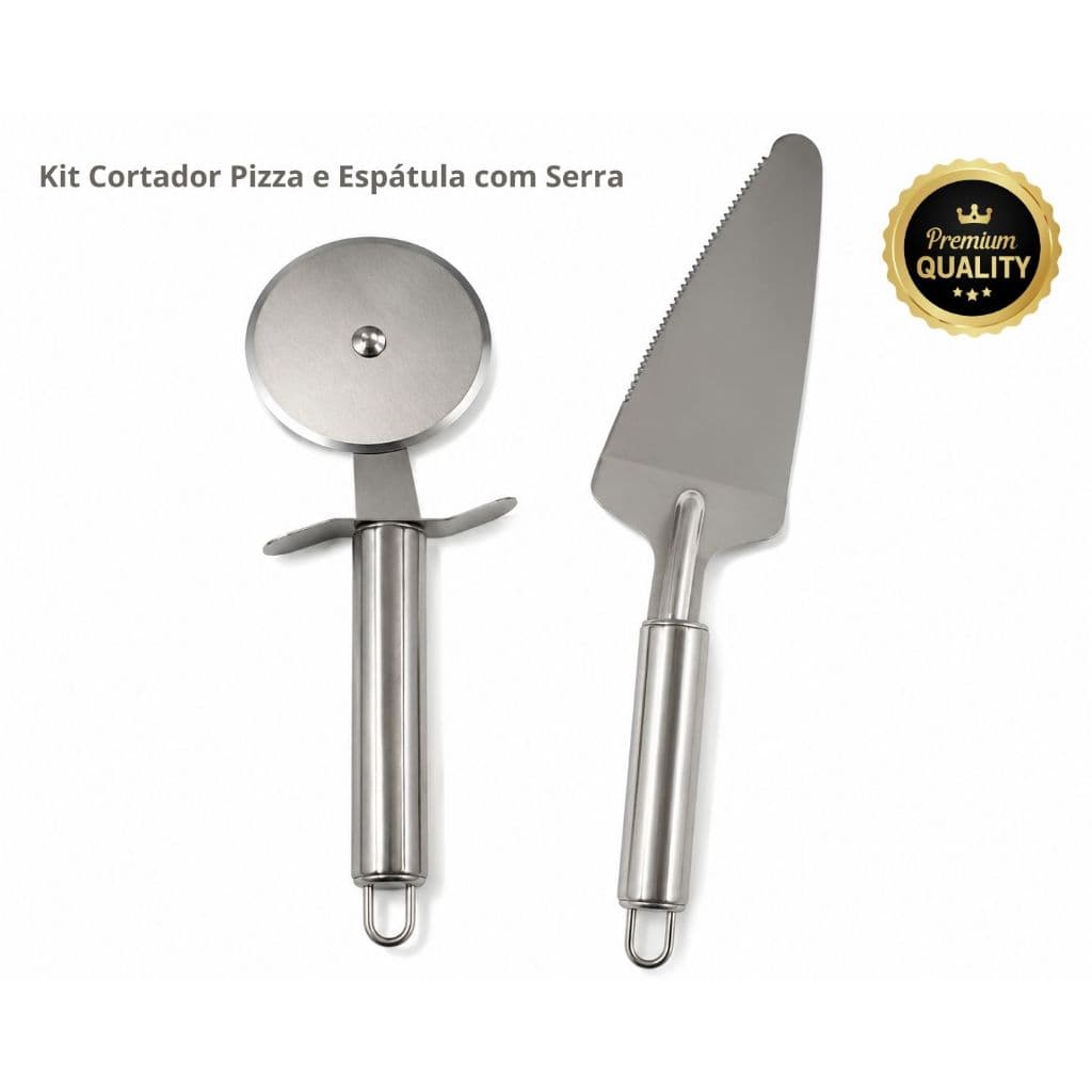 KIT CORTADOR DE PIZZA + ESPÁTULA BOLO EM AÇO INOX | CORTA PIZZA PROFISSIONAL FATIADOR DE BOLO UTENSÍLIO COZINHA GOURMET