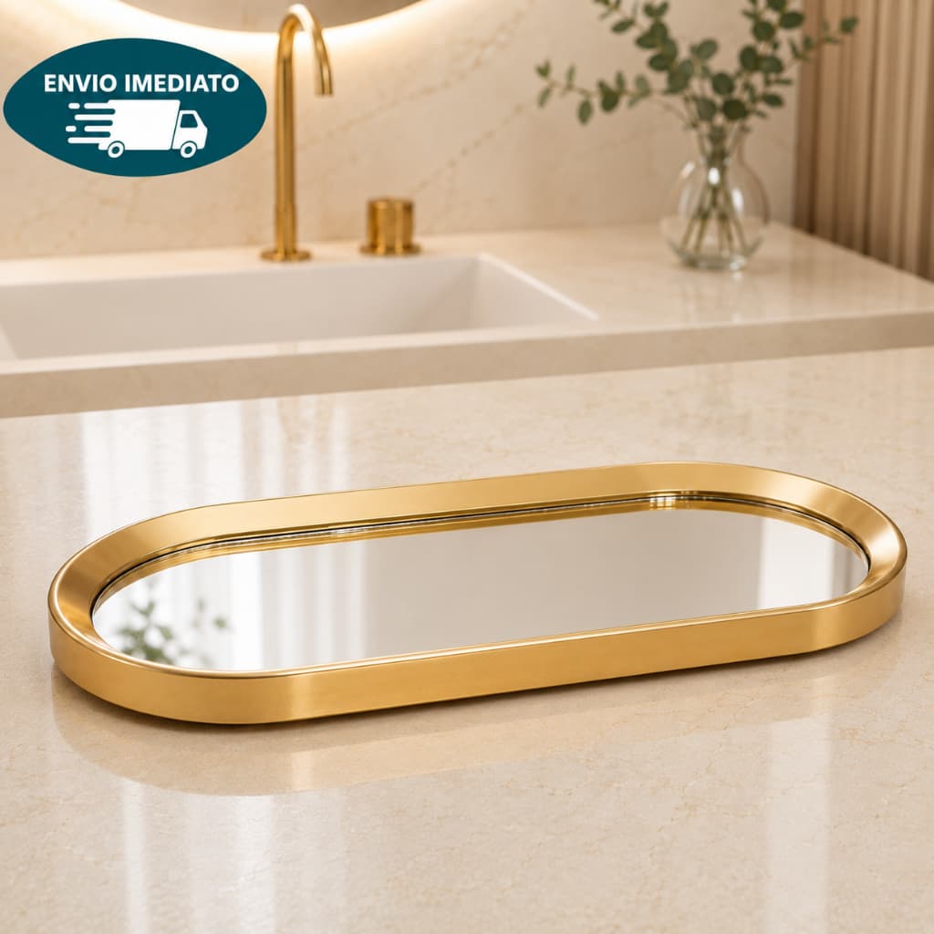 Bandeja Decorativa Oval Retangular Espelhada Dourada Organizador Luxo para Perfumes Joias  Lavabo