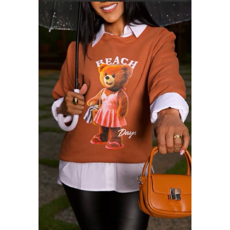 Moletom Feminino Bear Urso Flanelado Sem Capuz | Blusa de Frio Quentinha Casual Moda Inverno 2026 🐻✨