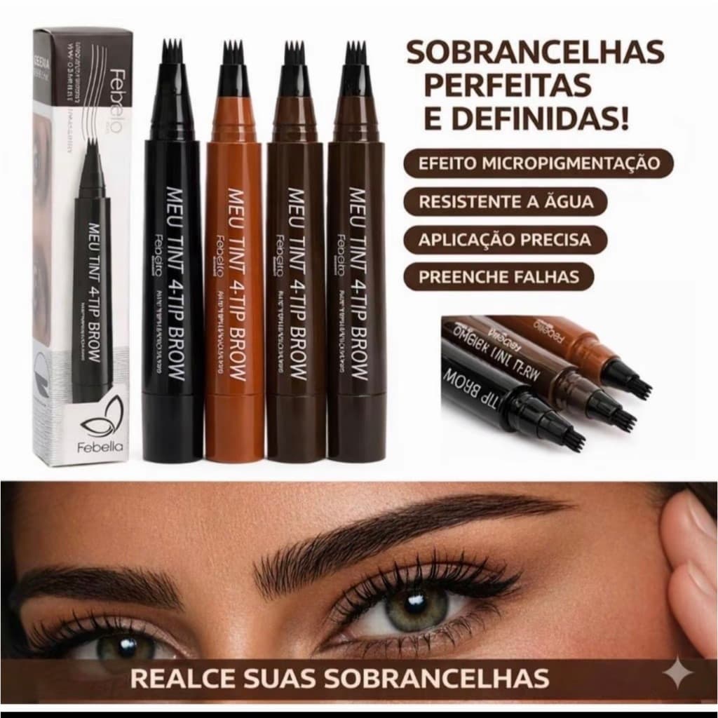 Caneta Sobrancelhas/Barba Tatto Febella MEU Tint 4-TIP BROW / Preenche Fio a Fio, corrige falhas e imperfeições