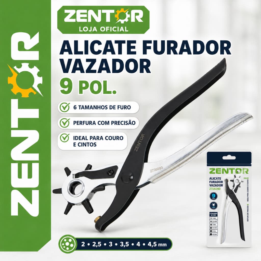 Alicate Perfurador Furador de Couro Cinto ZENTOR 9 Pol 6 Tamanhos