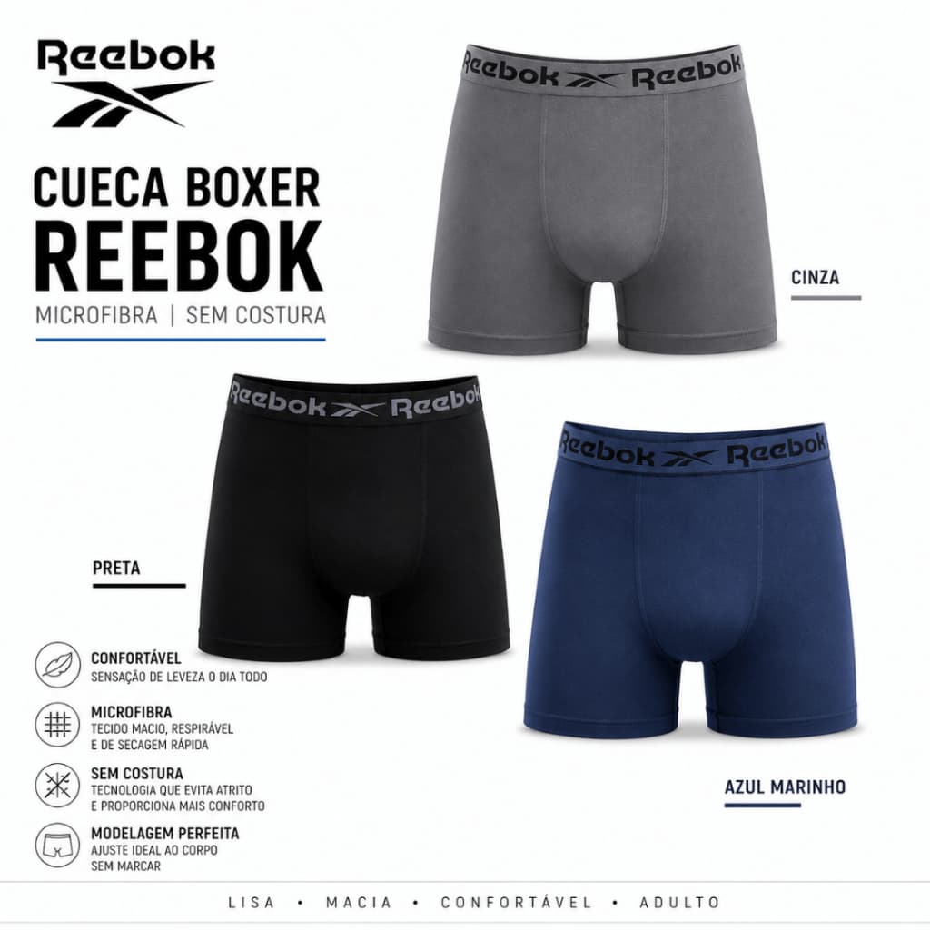 Conjunto 3 Cueca Boxer Reebok Microfibra Cueca Sem Costura Cueca Box Confortável Macia Lisa  Adulto