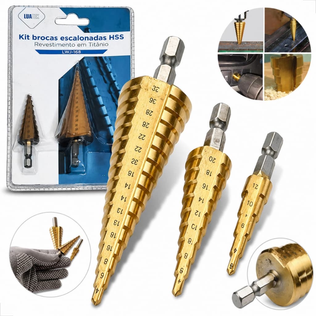 Kit 3 Brocas Escalonadas HSS Titânio 4-12 4-20 4-32mm Para Furadeira Metal Madeira PVC