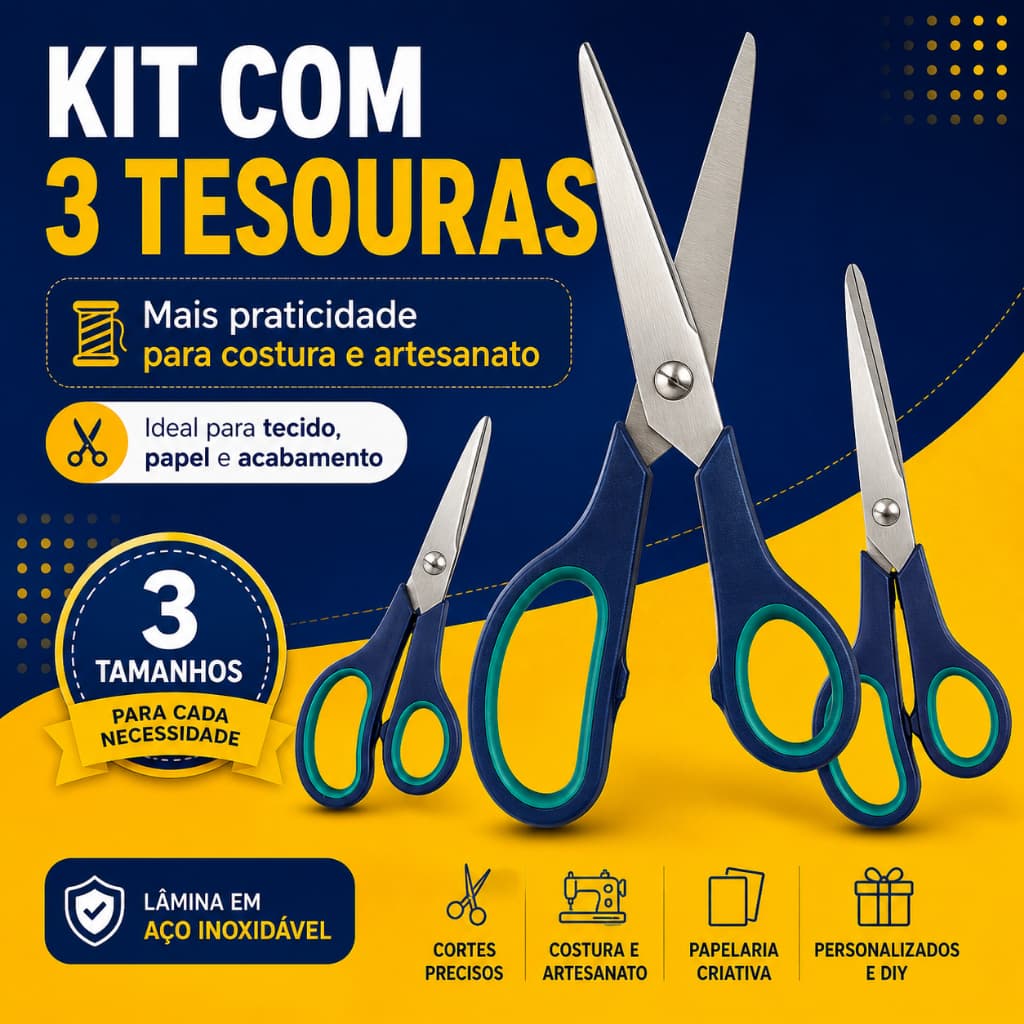 Kit 3 Tesouras Multiuso Para Costura Artesanato Papel Corte de Linha e Acabamento Profissional - BR