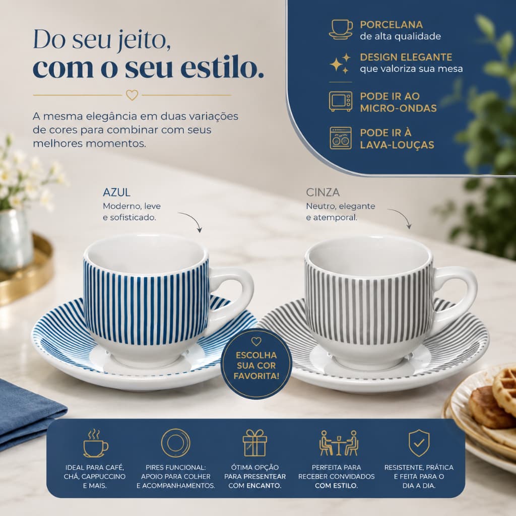Jogo de Xícara Porcelana de Café 12 Peças (6 Xícara + 6 Pires) 90ml - Hauskraft