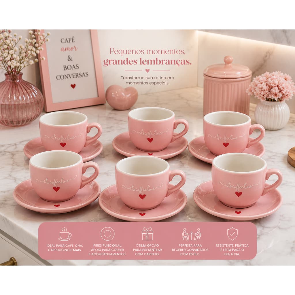 Jogo kit C/12 peças Xícaras c/pires Café Porcelana 90ml Lamour Rosa Hauskraft