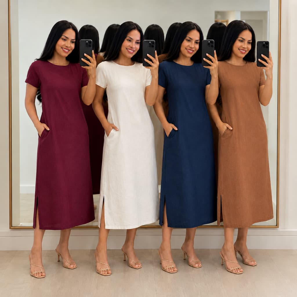 Vestido Feminino Manga Curta Linho Midi Elegante Atemporal Forrado Fenda Lateral Bolso Zíper Costas Verão Inverno