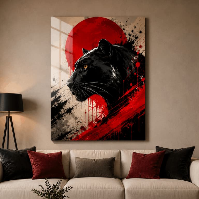 Quadro Decorativo Pantera Negra Sol Vermelho Arte Moderna Para Sala Sem Moldura