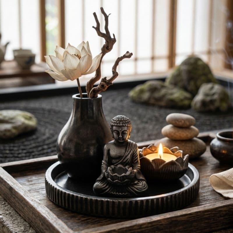 Kit Zen Buda, Vaso Porta Incenso E Mini Vaso Flor De Lótus - Produzido em Gesso
