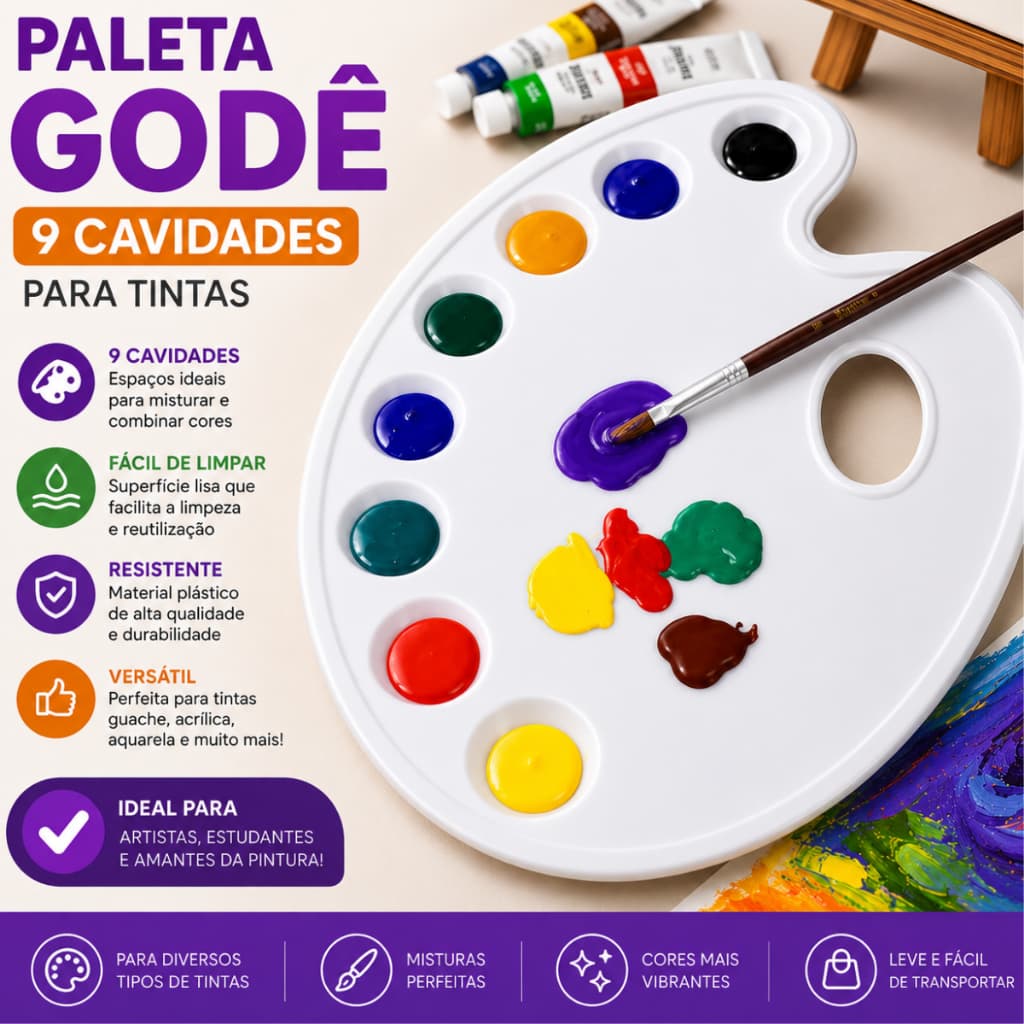 Paleta de Tinta  Godê Para Pintura Artes Artesanatos Com 9 Cavidades