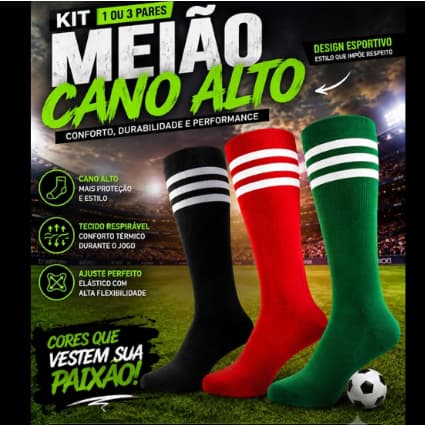 Meião Futebol Cano Alto Profissional ⚽ Conforto + Compressão | Envio Rápido